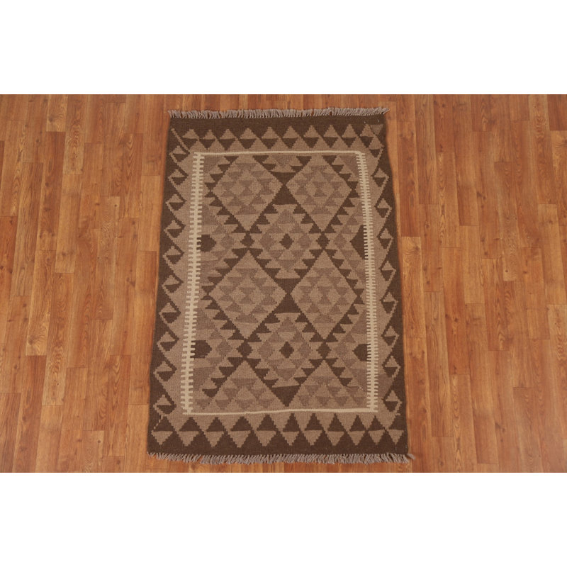 Tapis oriental brun en laine tissé à plat à la main à motif rectangulaire de 3 pi 3 po x 4 pi 10 po Getzemani