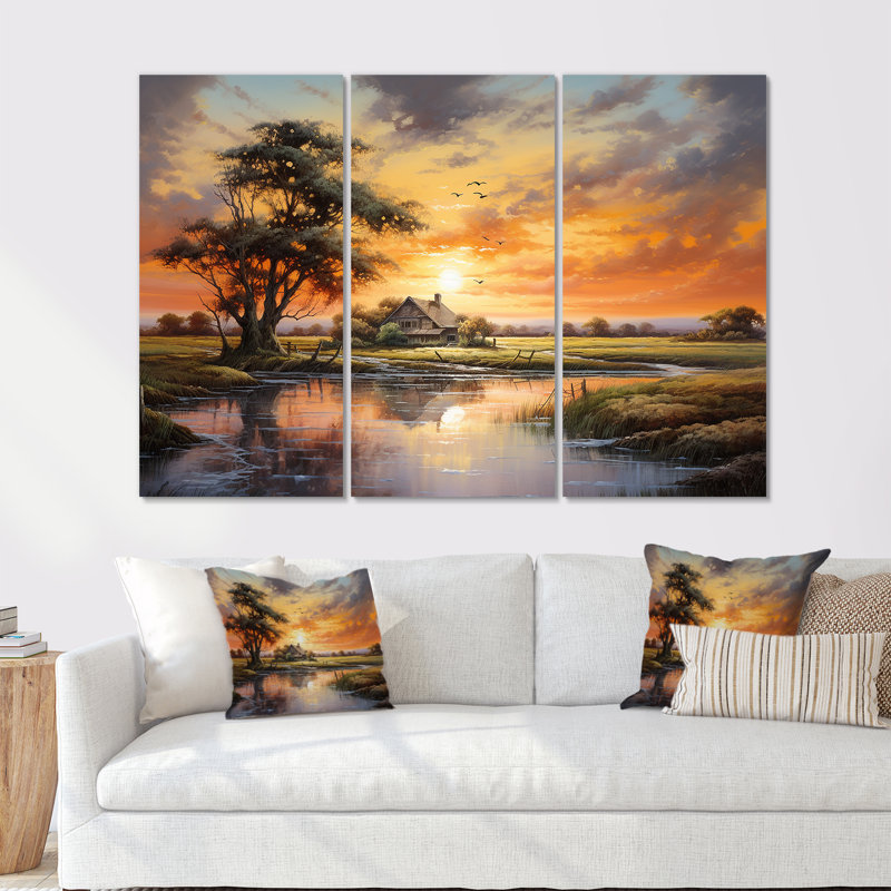 «Sunrise Autumn Country Panorama II - Sunrises Sunset», ensemble d'art mural, Toile tendue, H 28 po x l 36 po x P 1 po