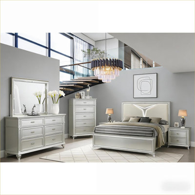 Ensemble de chambre à coucher | Grand lit moderne moderne 5 pièces, uni Bois manufacturé, rangement pour tête de lit à DEL, argent brossé vert olive | pour la chambre principale | Bois | Lits standard