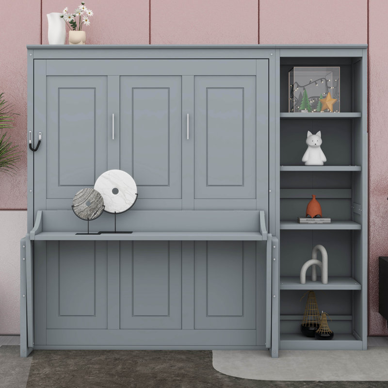 Lit escamotable double avec bureau, lit escamotable en bois avec bureau, gris