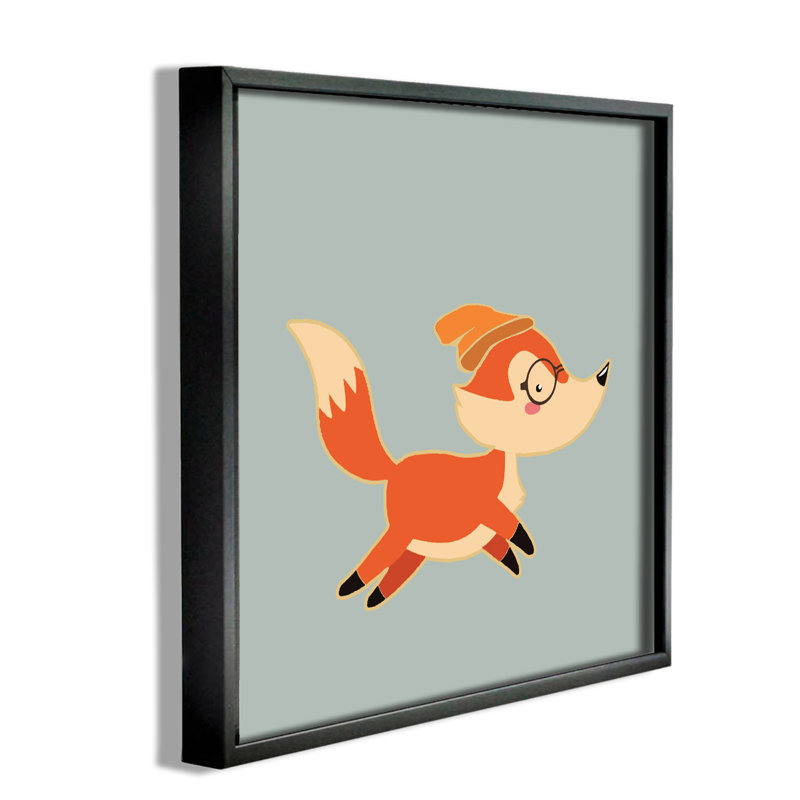 Renard hipster avec bonnet, illustration, H 12 po x l 12 po, Giclée encadrée noir minuit