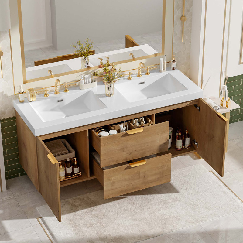 Meuble-lavabo moderne à double cuve avec plateau en SMC et rangement à fermeture en douceur, Doré