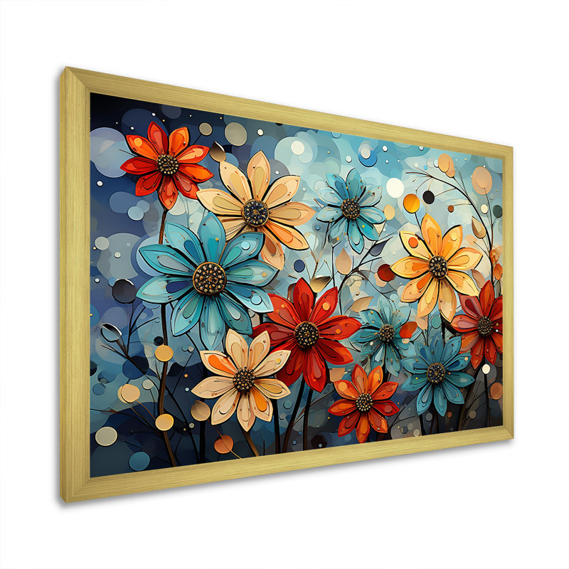 «Cubist Zinnias Flowers Collage» sur toile, Cadre doré simple, H 30 po x l 40 po x P 1,5 po