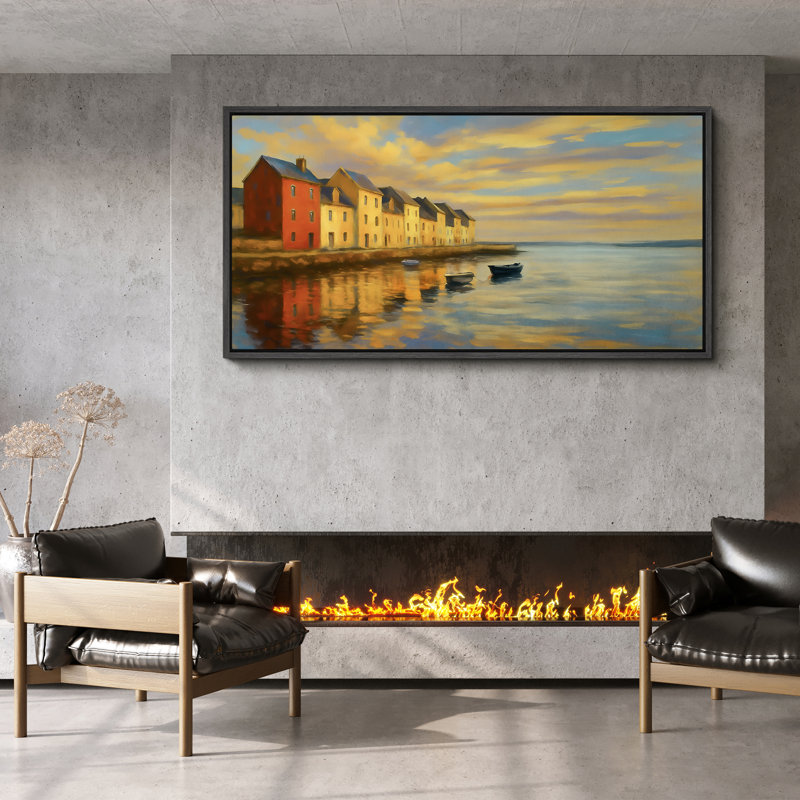 «Sunset Harbor Village», toile encadrée - Art mural de reflets côtiers dans des tons chauds, Noir, H 30 po x l 60 po