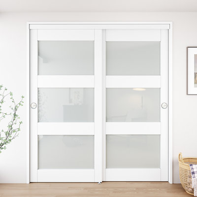 72" x 80" 3-Lite Frosted Glass Sliding Closet & Pantry Door with Hardware Kit, Pre-Finished, Assembly Needed 