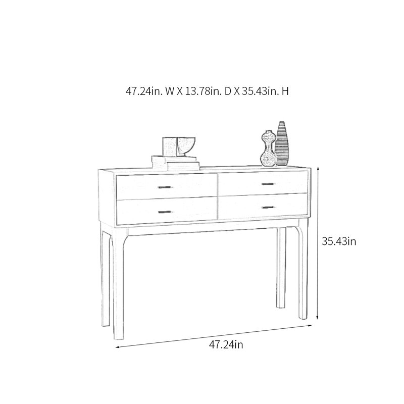 Console moderne en bois massif avec 4 tiroirs, H 35,43 po x l 47,24 po x P 13,78 po