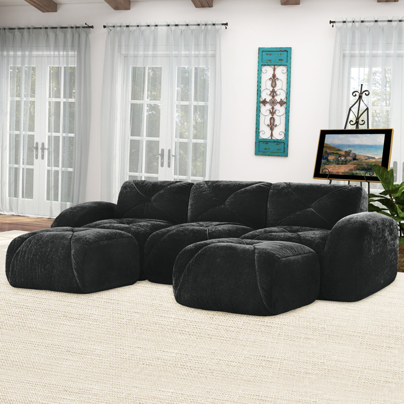 Ensemble de canapé en forme de U à compression de 110 pouces, canapé modulaire moderne à trois places avec repose-pieds, canapé rembourré pour le salon ou la chambre à coucher, aucun assemblage requis.