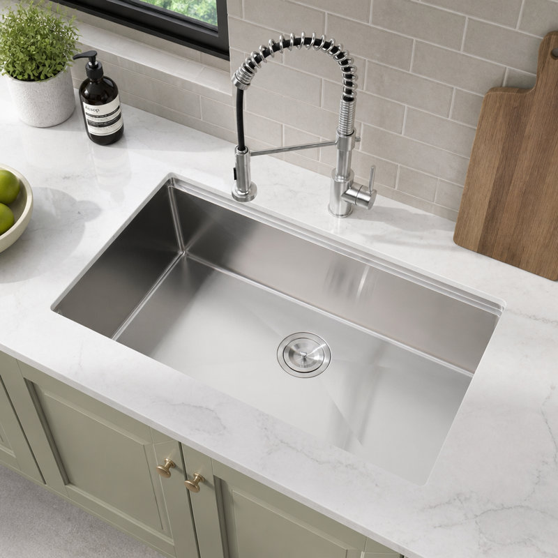 Multifunctional Handmade Stainless Steel Undermount Workstation Kitchen Sink with Waterfall Faucet and Noise Reduction