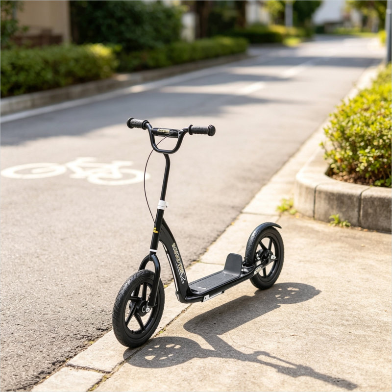 Scooter en acier noir mat pour les enfants de 5 à 12 ans avec guidon réglable et 12 grandes roues
