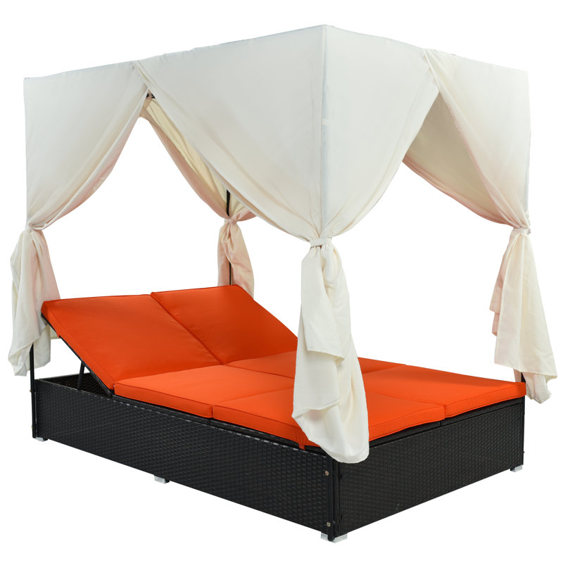 Chaise longue de patio avec rideaux et dossier réglable, Orange