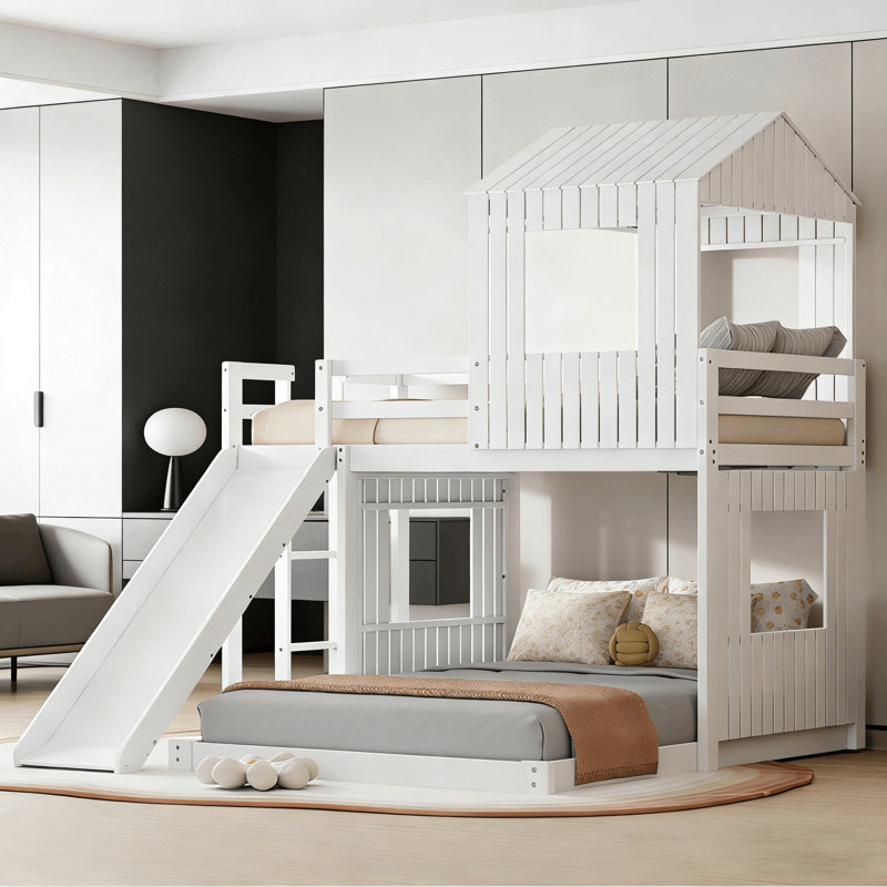 Wooden L-Shaped House Style Bunk Bed with Slide Harper Orchard, Twin over Full, White