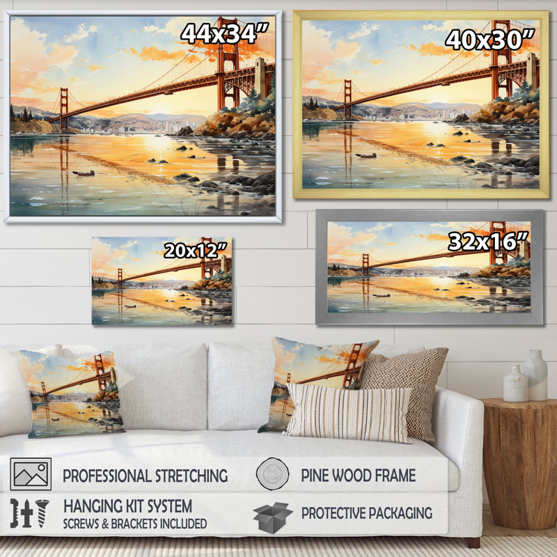 Edmir Orange Bridge Golden Gateway V sur impression sur toile, Cadre doré à une seule photo, H 12 po x l 20 po x P 1 po