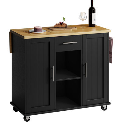 Rolling Kitchen Island Cart With Butcher Block Top – Portable Workstation With Storage Shelves & Locking Wheels by Ebern Designs
