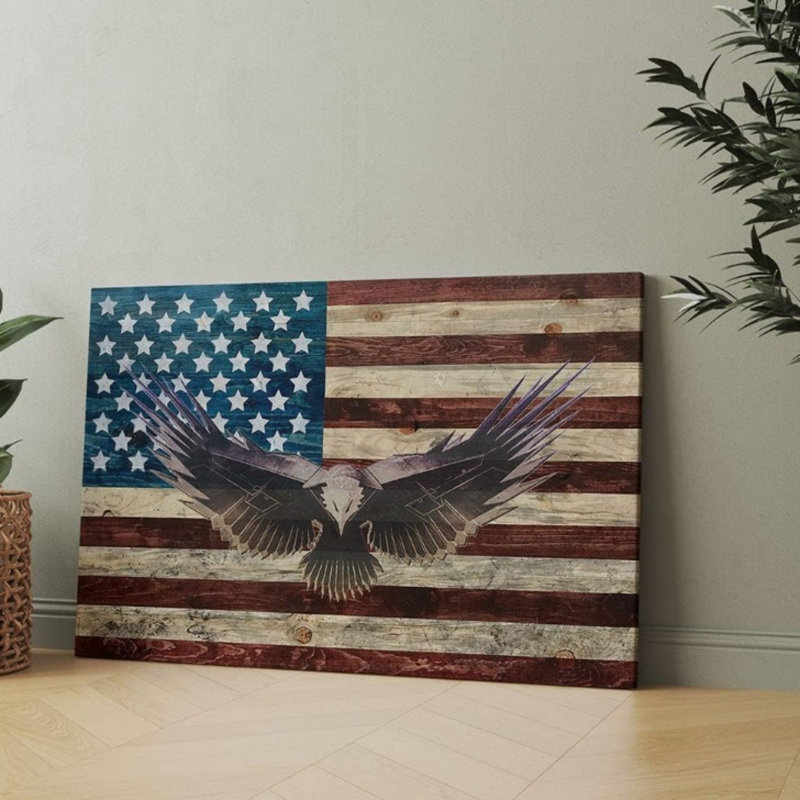 «Rustic Wood», drapeau américain, aigle géométrique, toile murale 24 x 16 pouces, décoration murale, jour commémoratif