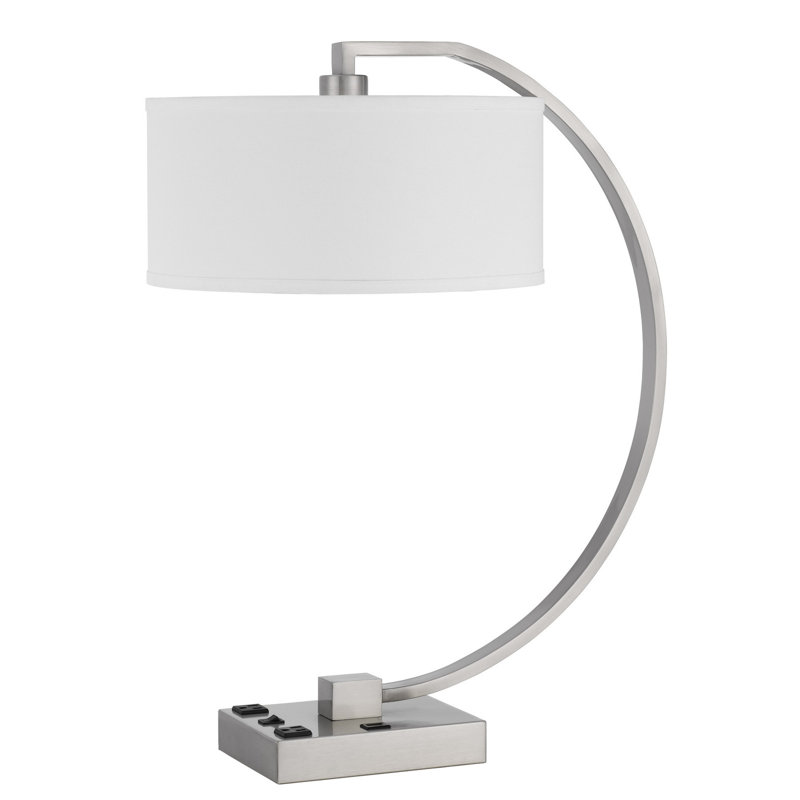 Lampe de table USB 26 "en métal nickelé avec abat-jour rectangulaire blanc