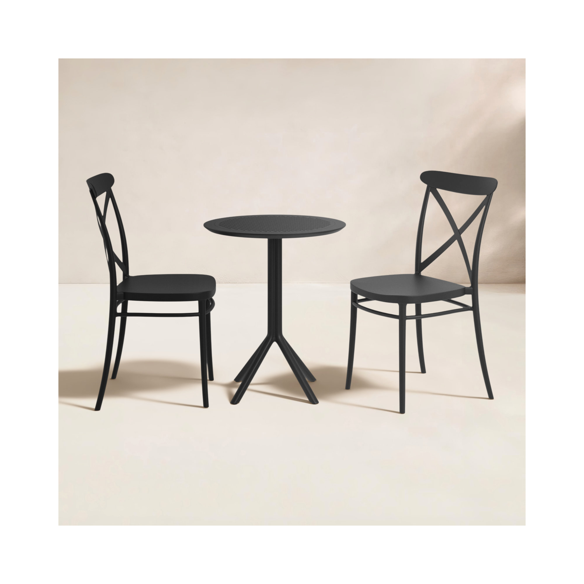 Farrah 23.6" W Round 2-Person Plastic Patio Bistro Set with Foldable Table, Black