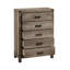 Commode contemporaine à cinq tiroirs avec fabrication en bois massif et finition en mélamine brun rustique, parfaite pour le rangement et l'organisation de la chambre à coucher.