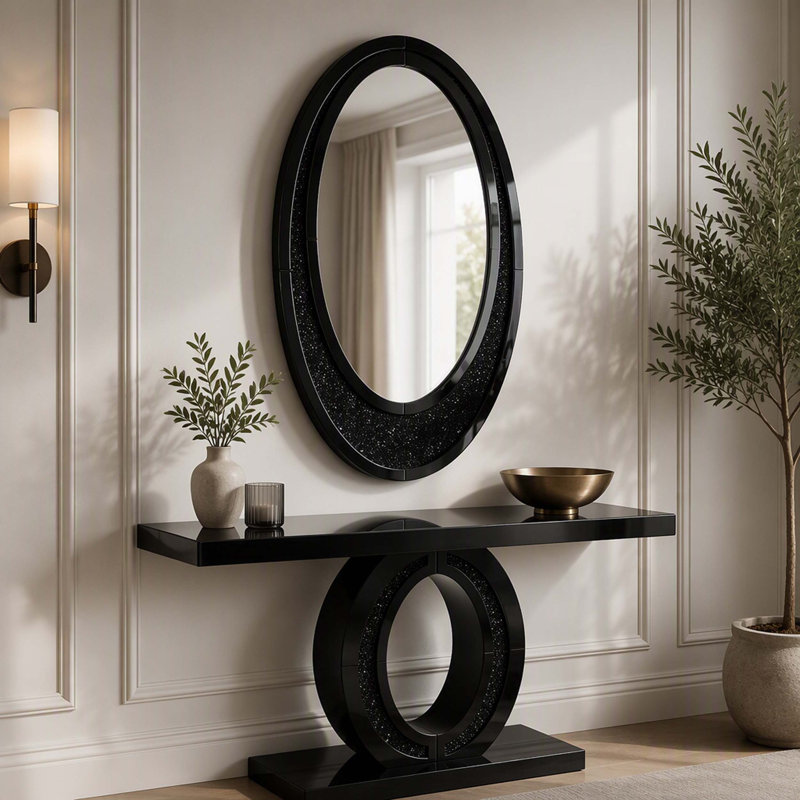 Miroir mural ovale moderne fait main en diamant broyé, miroir décoratif multi-usages de haute qualité (noir), Black