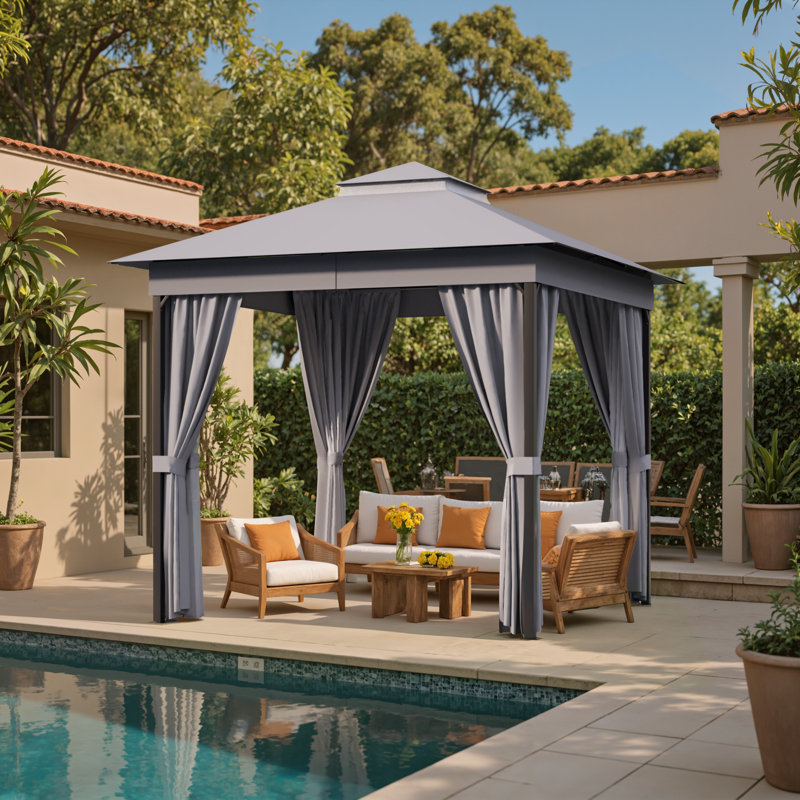 8 Ft. W x 8 Ft. D Soft Top Steel Patio Gazebo with 2-Tier Canopy and Zippered Mesh Netting for Outdoor, Patio, Garden, and Backyard Activities