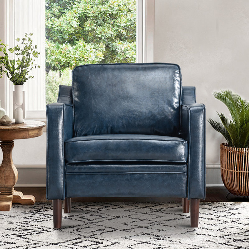 Jannae 32 Inch Vegan Leather Upholstered Square Arm Accent Chair, Blue Faux Leather