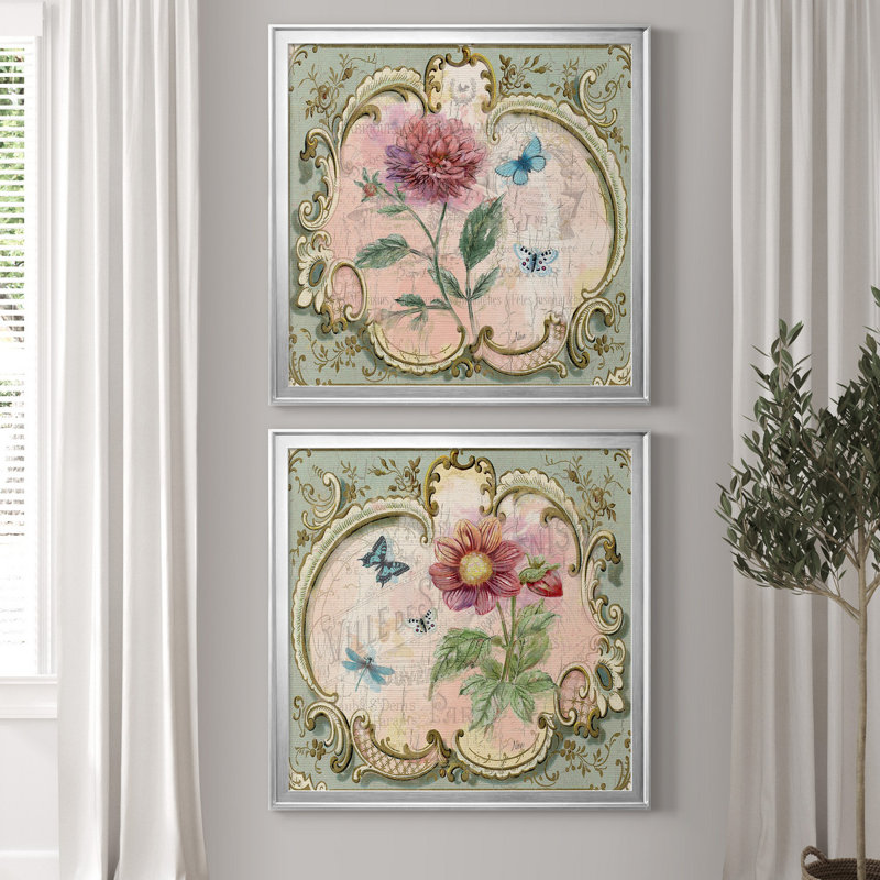 «Classical Flower I», ensemble de 2 reproductions d'art encadrées, H 17,5 po x l 35 po x P 1,5 po, Toile avec cadre argenté