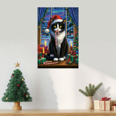 Art mural sur toile de Noël de chat - impressions festives de chat avec des cadeaux, des bougies, des cannes de bonbon, des impressions sur toile de scène d'hiver classique, décoration de Noël rétro prête à être accrochée, 12 po x 18 po