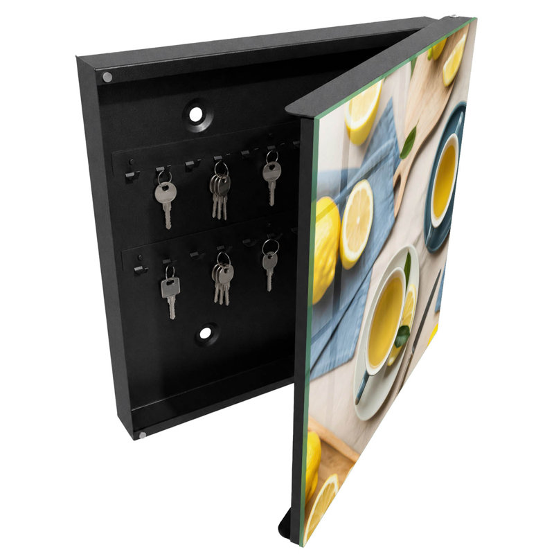 Key storage cabinet, Opens to the left, 30x30x5, White, Lemons and cups on a blue background, 