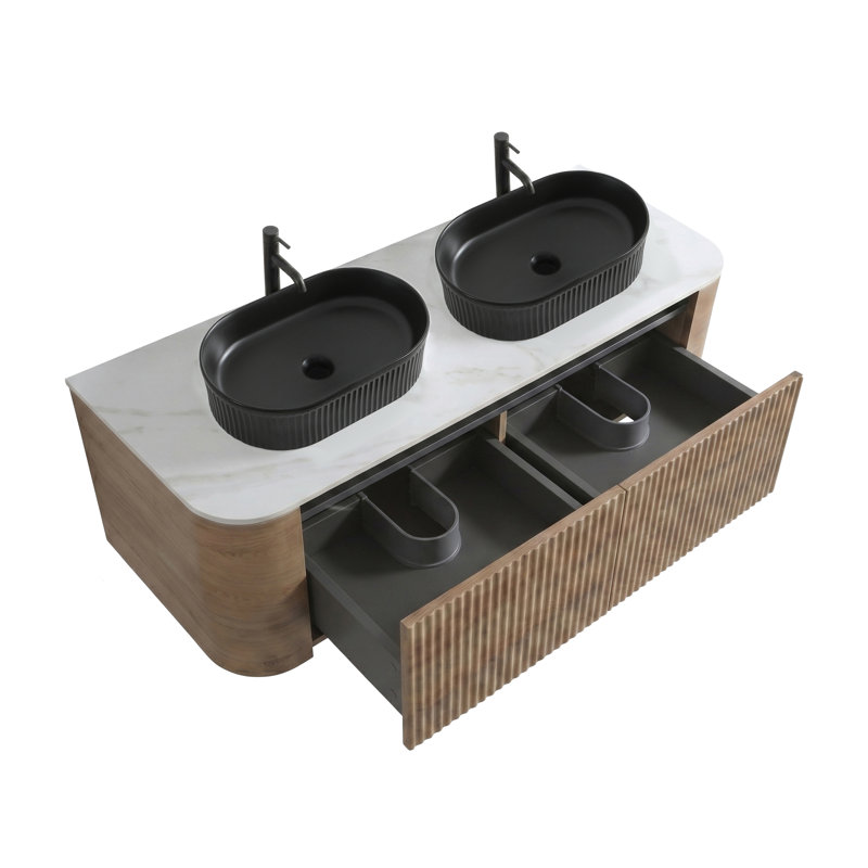 Meuble-lavabo mural de 60 pouces avec lavabo double ovale noir à rayures et tiroirs de rangement, Chêne miel, 60, Noir