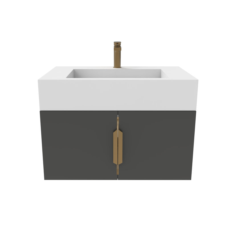 Wiktoria 30 " W Wall Mounted 1 Single Vanity Bathroom Vanity With Solid Surface Top, White, Black, Gold