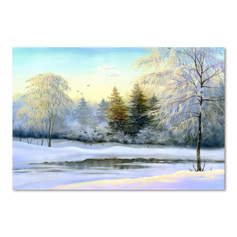 «Beautiful Winter River Landscape Pendant Sunset», peinture sur toile, H 40 po x l 60 po, Toile tendue