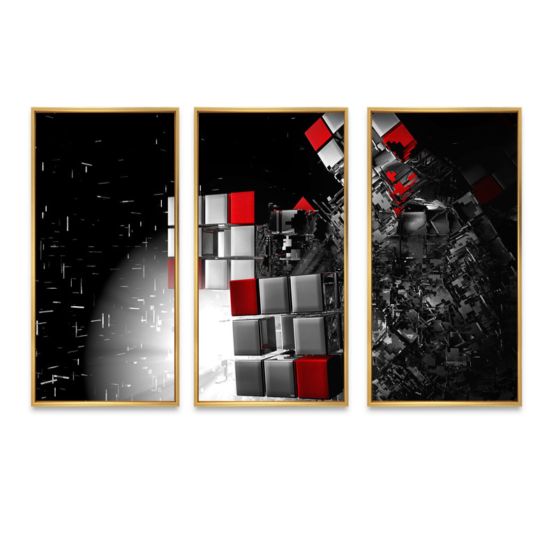 «Fractal 3D Red White Cubes», ensemble de 3 toiles abstraites encadrées, H 28 po x l 36 po x P 1 po, Or