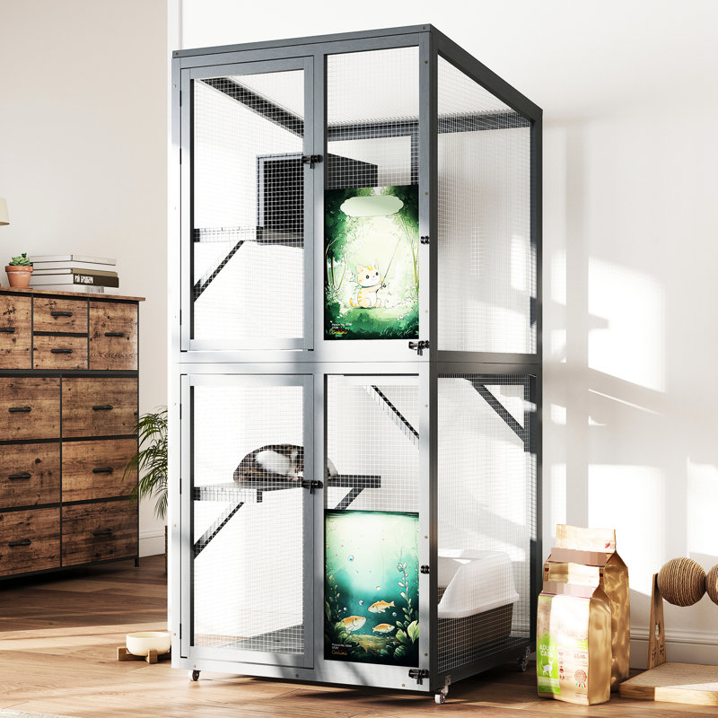 Fenêtre d'extérieur pour chat de 70 pouces avec roulettes, 3 espaces de repos relaxants, portes verrouillables et boîte privée en feuille de soleil pour maison grise, fabrication en bois de pin imperméable