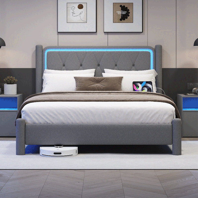   Structure de lit double avec lumières DEL et station de charge, plateforme tapissier en tissu avec tête de lit, tissu en peluche rembourré avec station de charge, aucun sommier requis, assemblage facile, gris