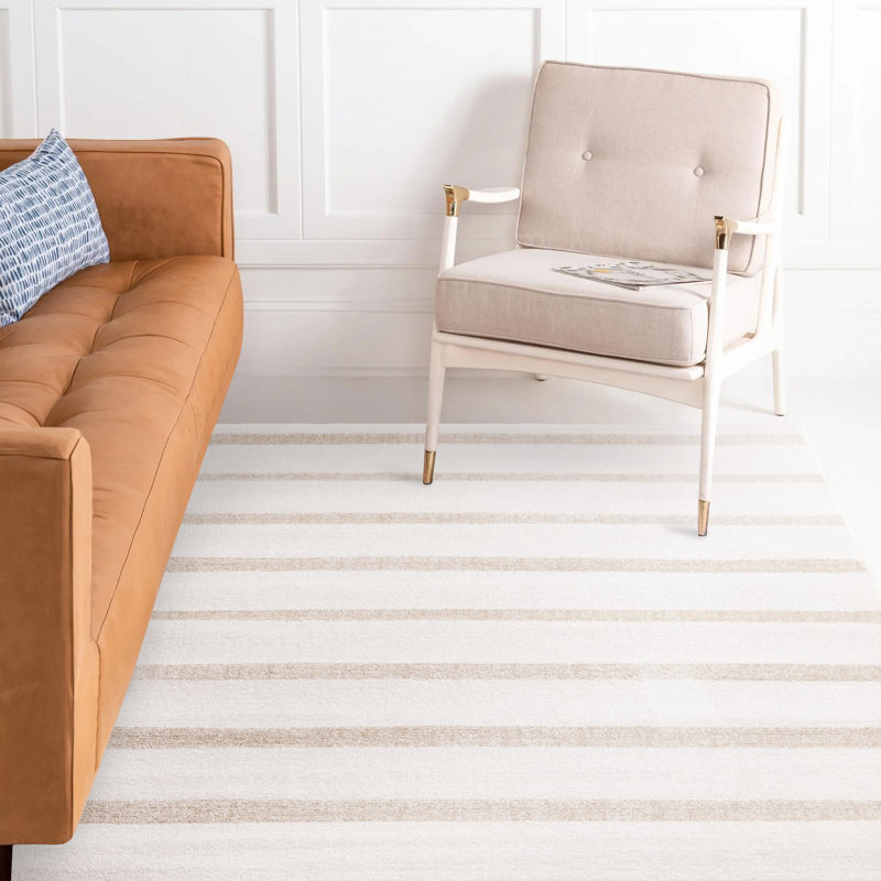 Wum Striped Machine Woven Polypropylene Area Rug in Beige/Cream, Rectangle 6'7" x 9'10", Beige/Cream
