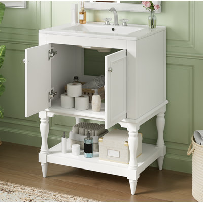 24 Inch Modern Luxury Bathroom Vanity With Ceramic Sink, Bathroom Cabinet With Open Shelf And Closed Storage