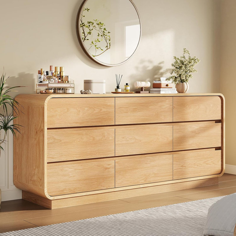 9 Drawer Dressers For Bedroom, 59" Wide Mid Century Modern Dressers, Natural, Brown