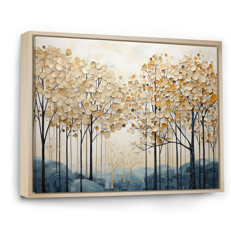 Minimalisme, arbres dorés et bleus scène IV - arbres, art mural, H 16 po x l 32 po x P 1 po, Cadre naturel flottant