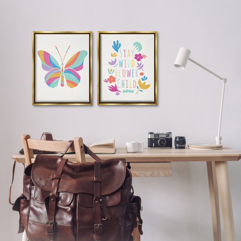 «Stay Wild Butterfly», ensemble de 2 toiles flottantes encadrées par Chen Alyesh, Cadre flottant métallique doré
