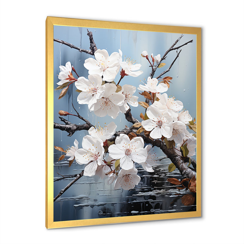Minimalisme blanc et bleu Cherry Blossom III - impression d'art sur toile Cherry Blossom, Cadre doré simple
