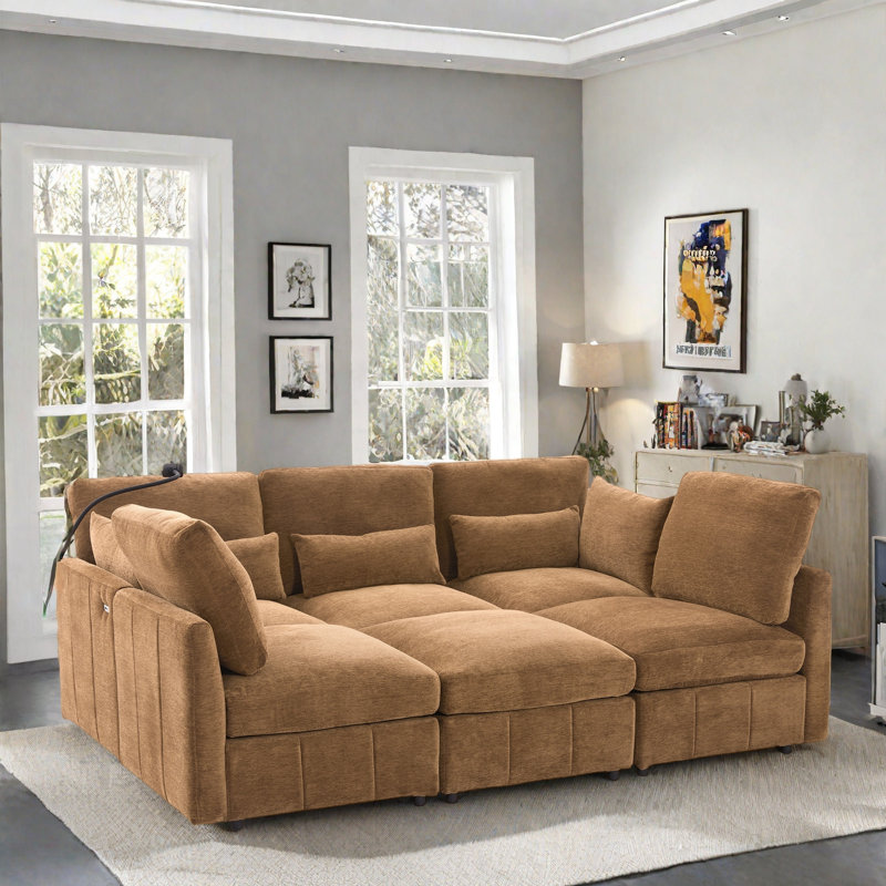 Canapé modulaire moderne avec repose-pieds mobile, 2 ports USB et support pour téléphone, Chenille brun