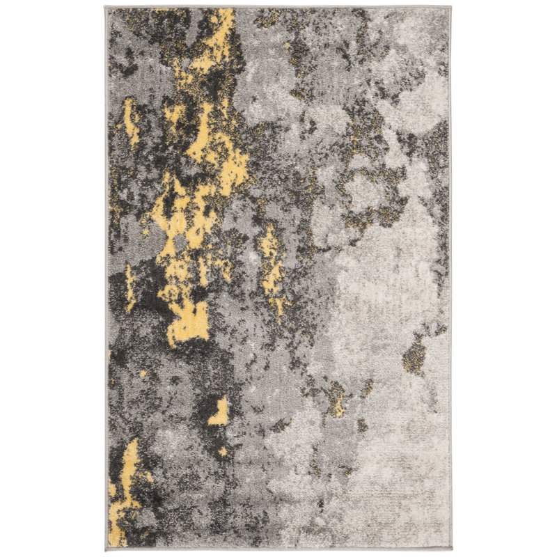 Tapis gris / jaune en polypropylène tissé à la machine à motif abstrait Riebe, Rectangle 3 pi x 5 pi