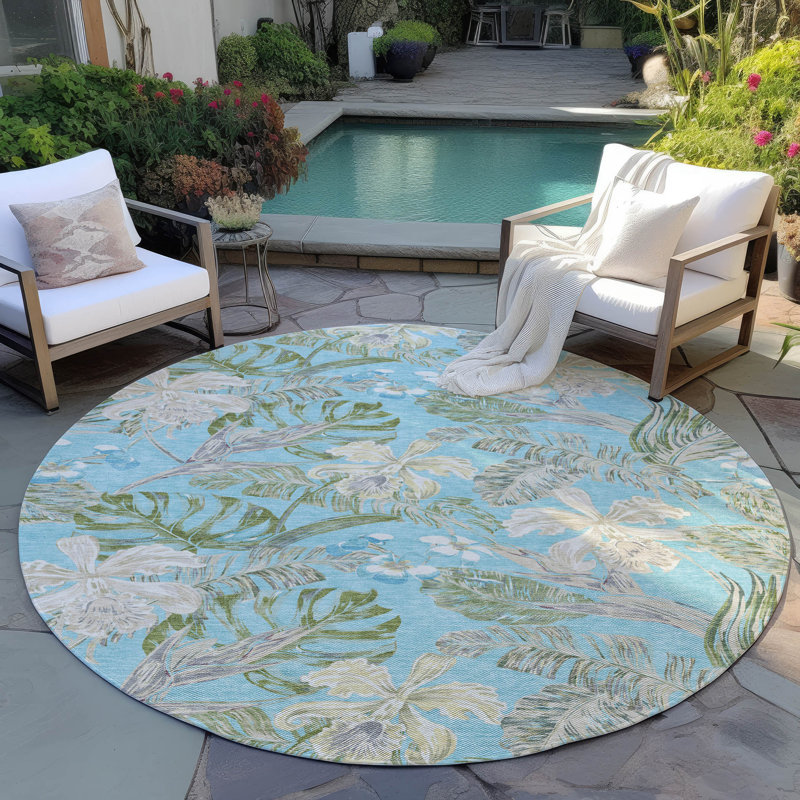 Machine Washable Indoor/Outdoor Cinead ACN1708 Teal Rug, Round 8'