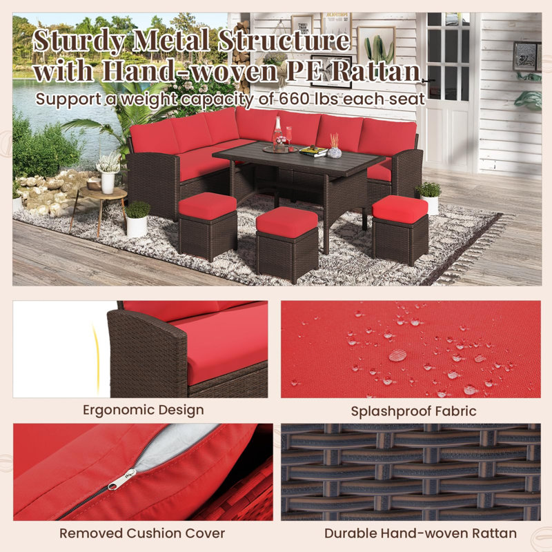 7 Pieces Patio Furniture Set With 43" Fire Pit Table, Red Cushion/Brown Frame