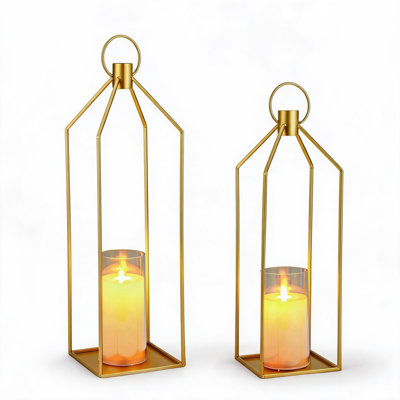 2 Pack Gold Metal Candle Lanterns with LED Candles, 19" and 22" with 6-Hour Timer, Hanging Lanterns for Indoor Outdoor Decor