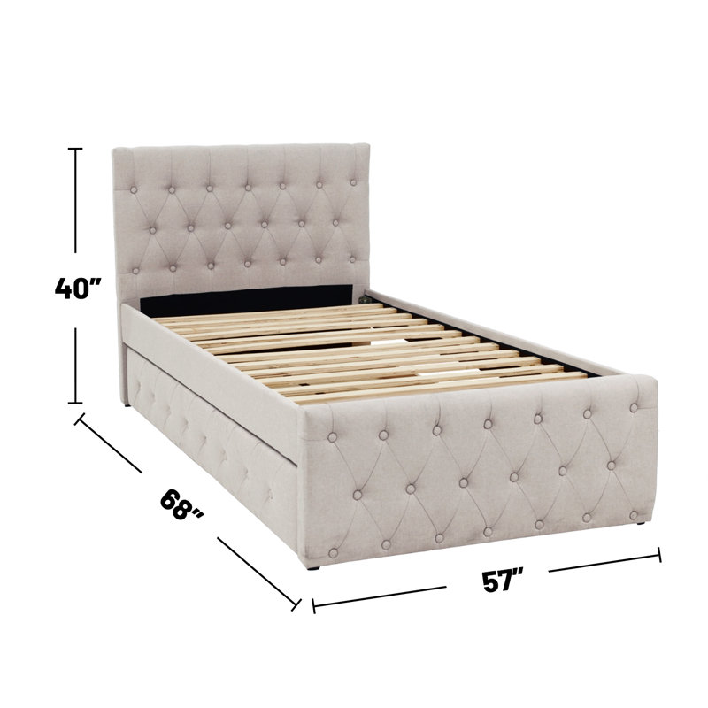 Fabric Fully Upholstered Twin Bed With Trundle, Beige