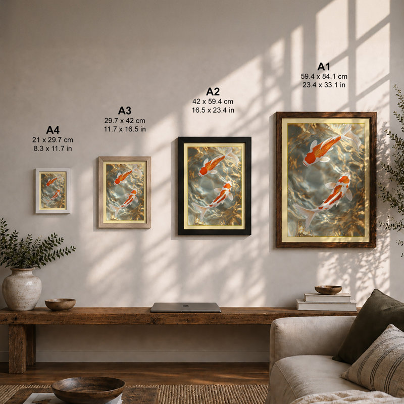 Koi in Sunlit Water Coastal - Framed Print, A4 - 29.7 x 21.0 cm, Walnut