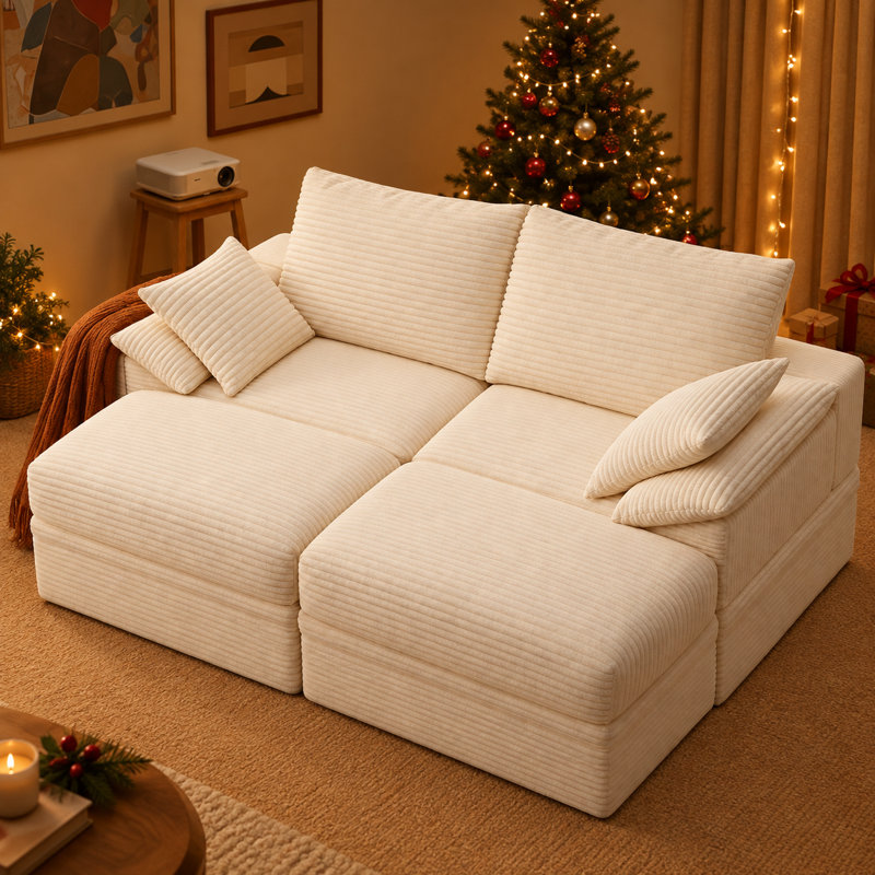 Causeuse modulaire en velours côtelé de 71 po avec rangement sous le siège et repose-pieds, canapé modulaire à assise profonde