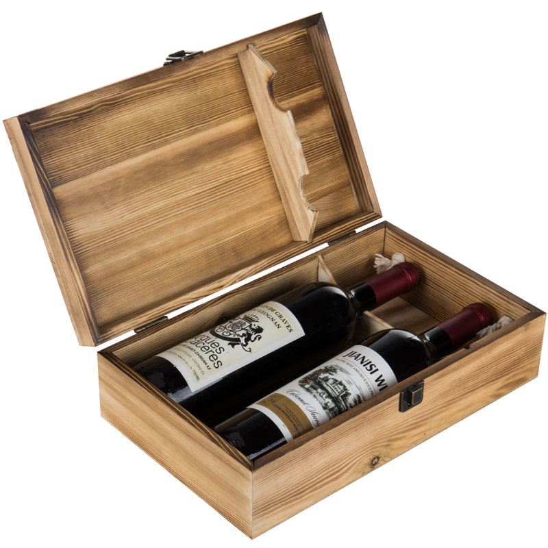Double bouteille de vin en bois avec poignée