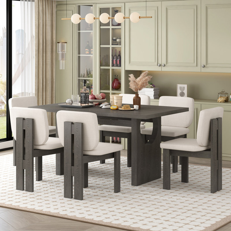 7-Piece Retro Dining Table Set For 6 With Upholstered Chairs