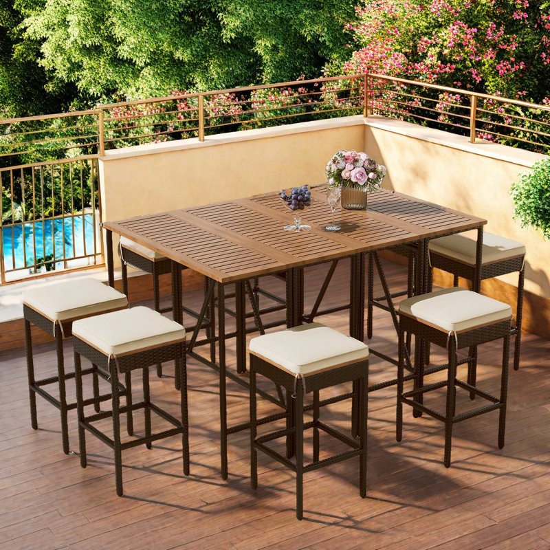 10-piece Outdoor Dining Table Sets Included 2 Foldable Tables And Eight Stools With Cushions